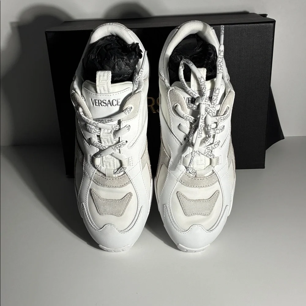 New Authentic Galaxia suede-trimmed leather Versace White Logo-Trim Sneakers